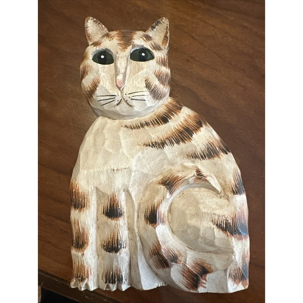 James Haddon Folk Art Wood Carved Striped Cat Figurine Signed